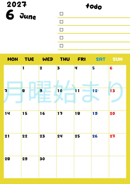 0140-2027年6月カレンダー 縦型・月曜始まり