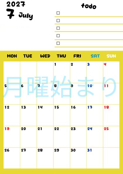 0140-2027年7月カレンダー 縦型・月曜始まり