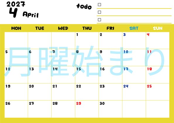 0140-2027年4月カレンダー 横型・月曜始まり
