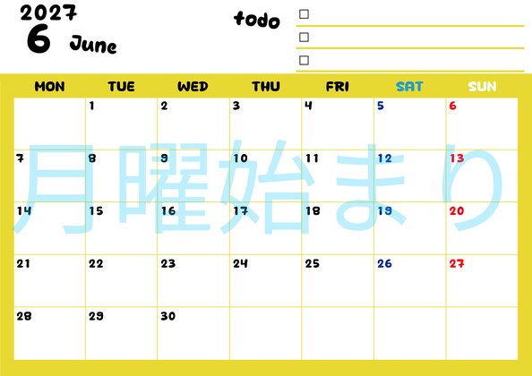 0140-2027年6月カレンダー 横型・月曜始まり