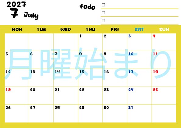0140-2027年7月カレンダー 横型・月曜始まり