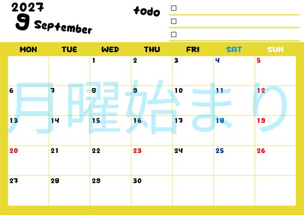 0140-2027年9月カレンダー 横型・月曜始まり