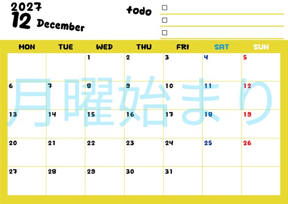 0140-2027年12月カレンダー 横型・月曜始まり