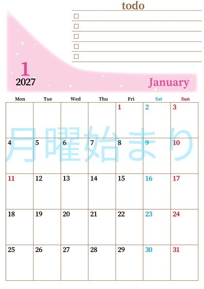 0141-2027年1月カレンダー 縦型・月曜始まり