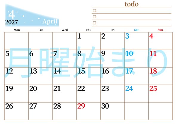 0141-2027年4月カレンダー 横型・月曜始まり