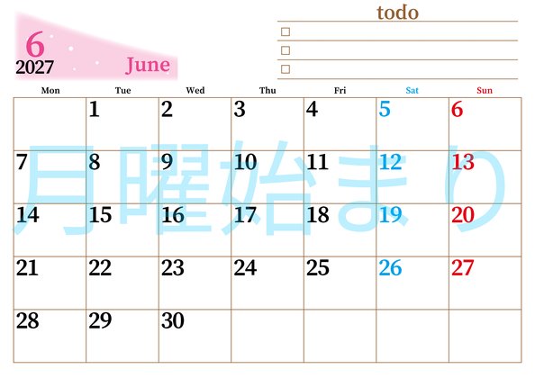 0141-2027年6月カレンダー 横型・月曜始まり
