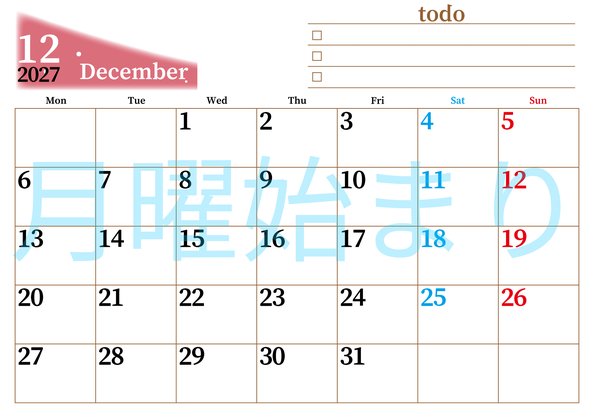 0141-2027年12月カレンダー 横型・月曜始まり