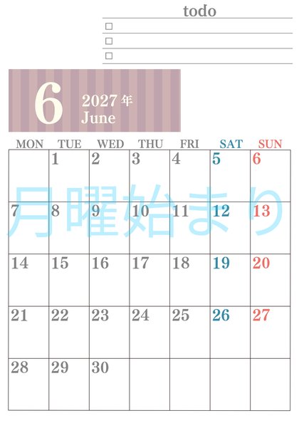 0142-2027年6月カレンダー 縦型・月曜始まり