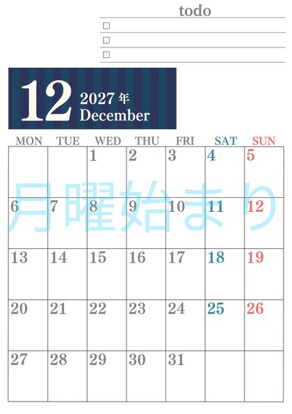 0142-2027年12月カレンダー 縦型・月曜始まり