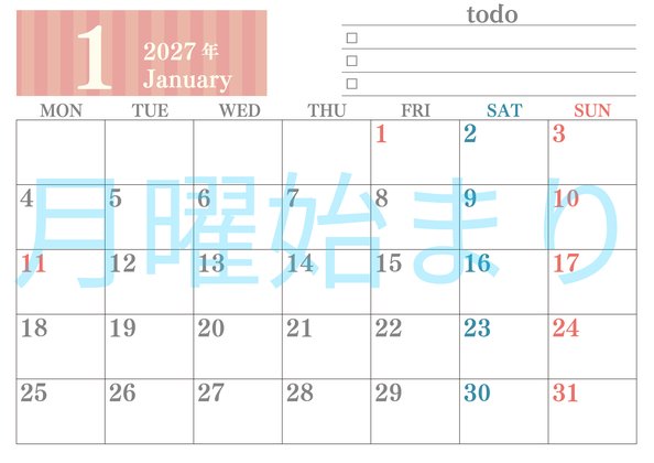0142-2027年1月カレンダー 横型・月曜始まり