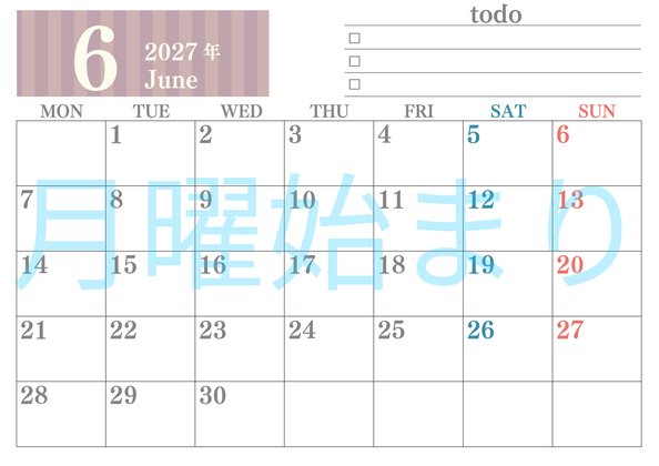 0142-2027年6月カレンダー 横型・月曜始まり