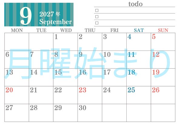 0142-2027年9月カレンダー 横型・月曜始まり