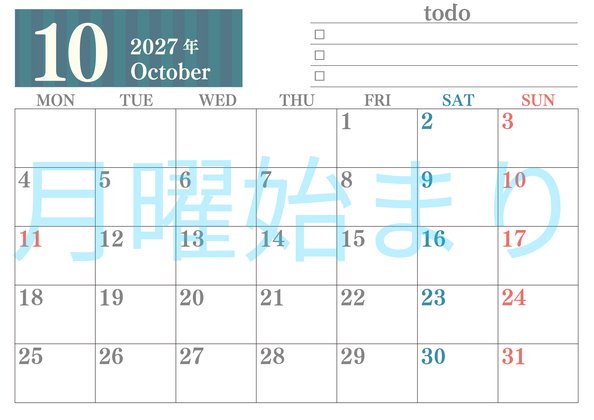 0142-2027年10月カレンダー 横型・月曜始まり