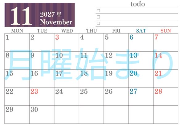 0142-2027年11月カレンダー 横型・月曜始まり
