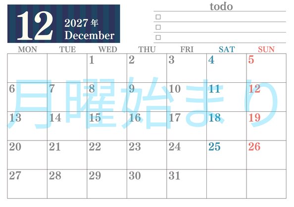 0142-2027年12月カレンダー 横型・月曜始まり