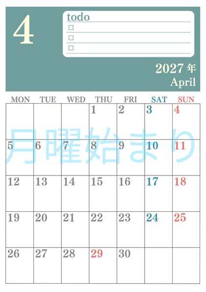 0143-2027年4月カレンダー 縦型・月曜始まり
