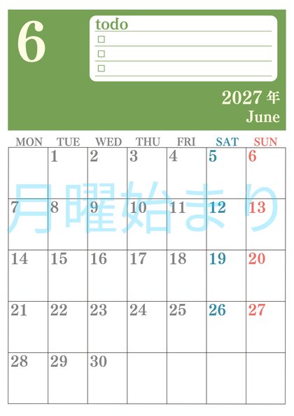 0143-2027年6月カレンダー 縦型・月曜始まり