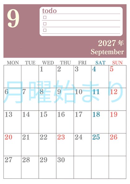 0143-2027年9月カレンダー 縦型・月曜始まり