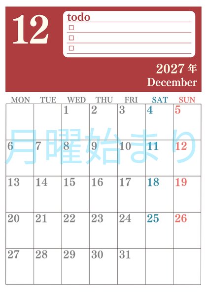 0143-2027年12月カレンダー 縦型・月曜始まり