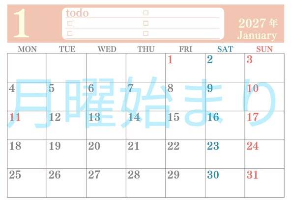 0143-2027年1月カレンダー 横型・月曜始まり