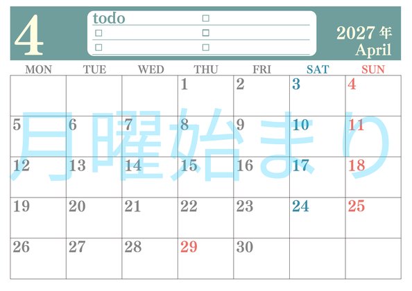 0143-2027年4月カレンダー 横型・月曜始まり