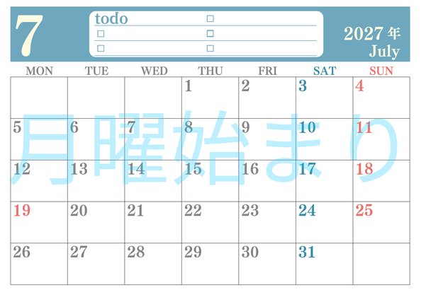 0143-2027年7月カレンダー 横型・月曜始まり