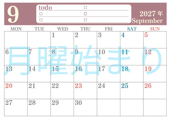 0143-2027年9月カレンダー 横型・月曜始まり