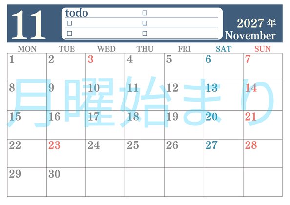 0143-2027年11月カレンダー 横型・月曜始まり