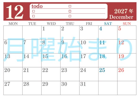 0143-2027年12月カレンダー 横型・月曜始まり