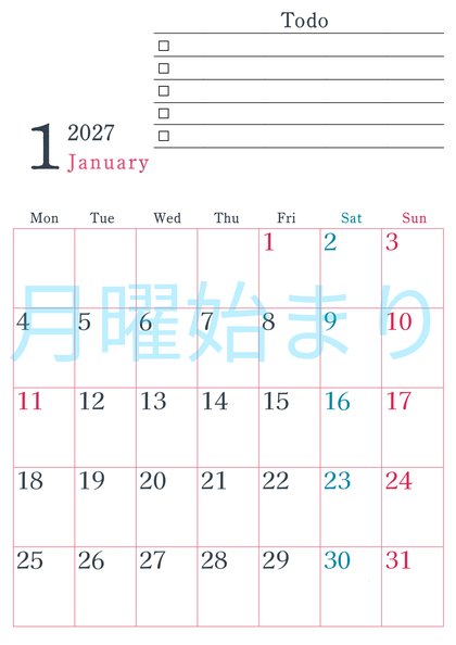 0144-2027年1月カレンダー 縦型・月曜始まり