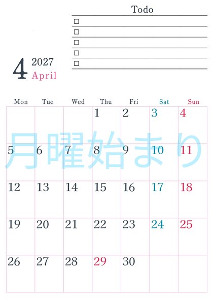 0144-2027年4月カレンダー 縦型・月曜始まり