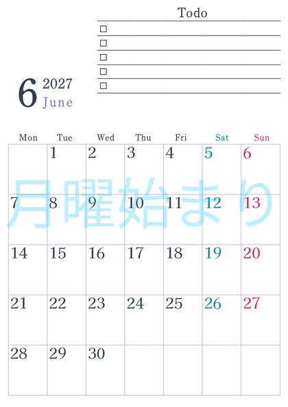 0144-2027年6月カレンダー 縦型・月曜始まり