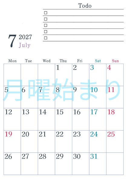 0144-2027年7月カレンダー 縦型・月曜始まり