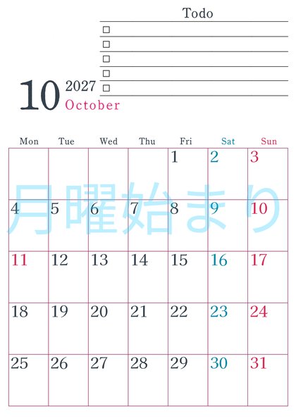 0144-2027年10月カレンダー 縦型・月曜始まり
