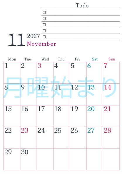 0144-2027年11月カレンダー 縦型・月曜始まり