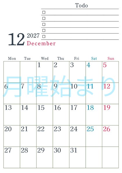 0144-2027年12月カレンダー 縦型・月曜始まり