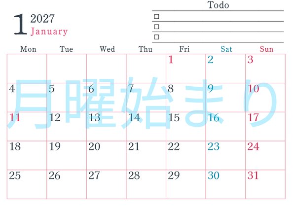 0144-2027年1月カレンダー 横型・月曜始まり