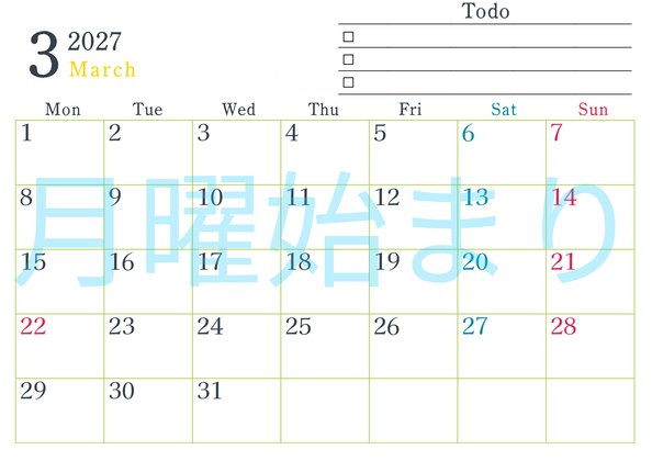 0144-2027年3月カレンダー 横型・月曜始まり