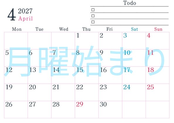 0144-2027年4月カレンダー 横型・月曜始まり