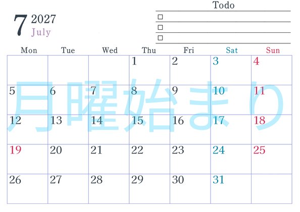 0144-2027年7月カレンダー 横型・月曜始まり