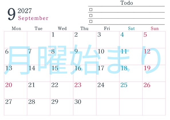 0144-2027年9月カレンダー 横型・月曜始まり