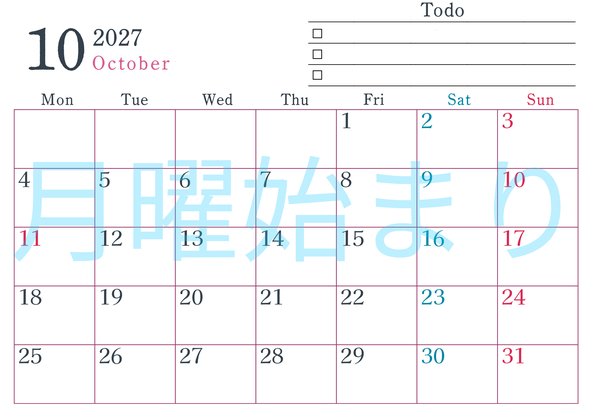 0144-2027年10月カレンダー 横型・月曜始まり