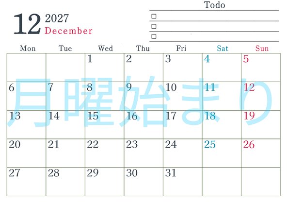 0144-2027年12月カレンダー 横型・月曜始まり