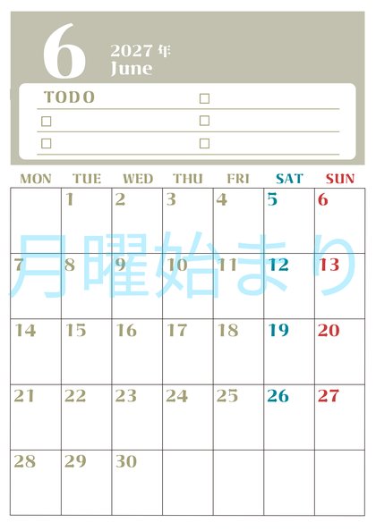 0145-2027年6月カレンダー 縦型・月曜始まり