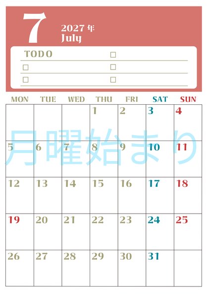 0145-2027年7月カレンダー 縦型・月曜始まり