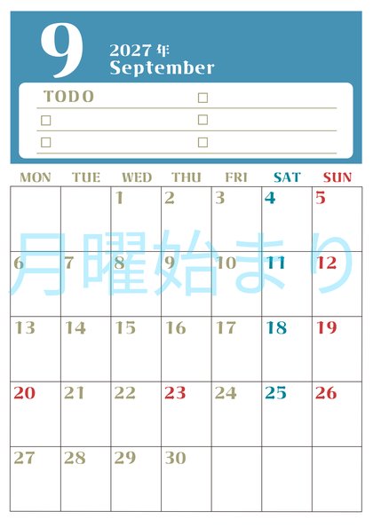 0145-2027年9月カレンダー 縦型・月曜始まり