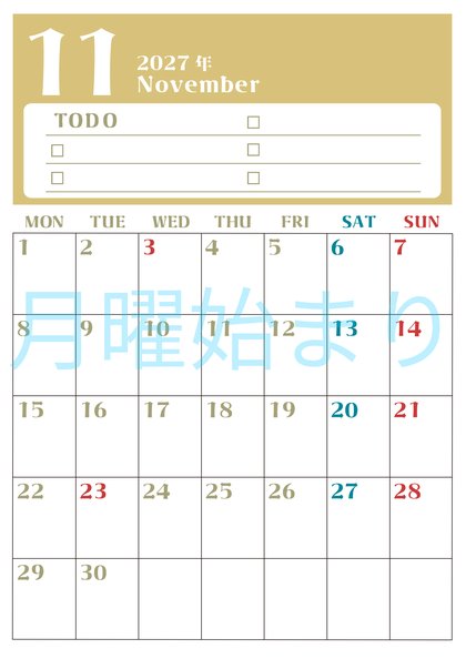 0145-2027年11月カレンダー 縦型・月曜始まり