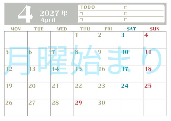 0145-2027年4月カレンダー 横型・月曜始まり