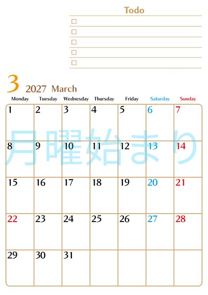 0146-2027年3月カレンダー 縦型・月曜始まり
