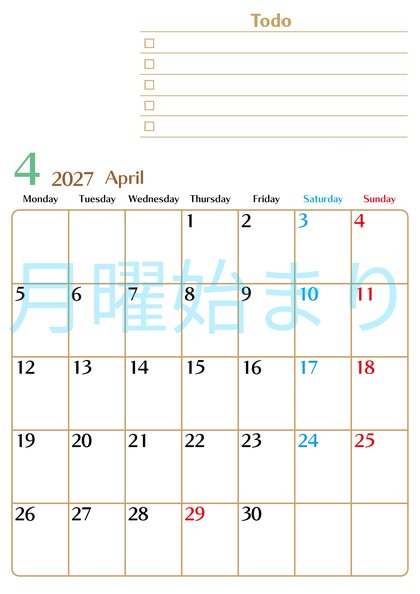 0146-2027年4月カレンダー 縦型・月曜始まり